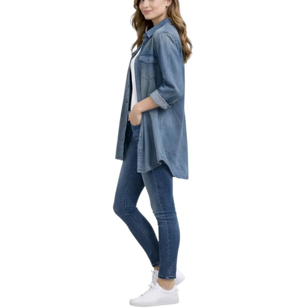 Leshop Women's Acid Wash Denim Shirt Dress | Oversized Fit & Flare | Pockets - Picture 7 of 8